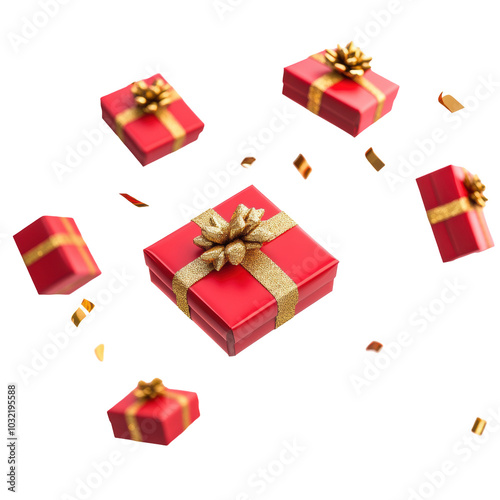 Wrapped red gifts with golden bows and confetti floating upward