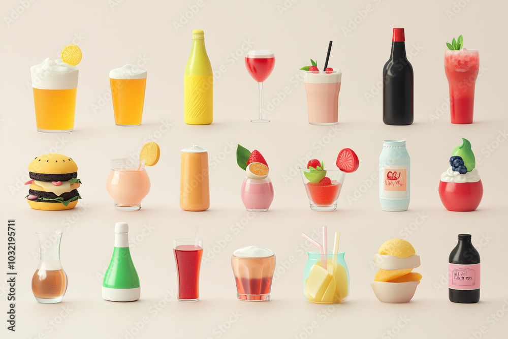 collection of various drinks and food items, including a hamburger, a bottle of beer, and a cup of coffee collection of various drinks and food items, including a hamburger, a bottle of beer, and a cup of coffee