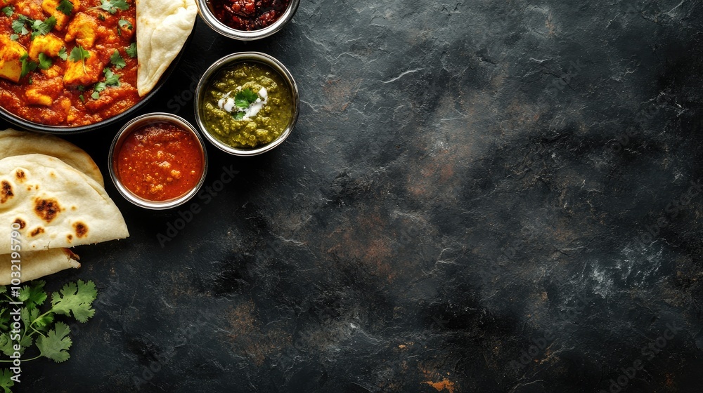 A delicious spread of Indian food featuring vibrant curries, naan bread, and chutneys beautifully arranged on a textured black stone background. A delicious spread of Indian food featuring vibrant curries, naan bread, and chutneys beautifully arranged on a textured black stone background.