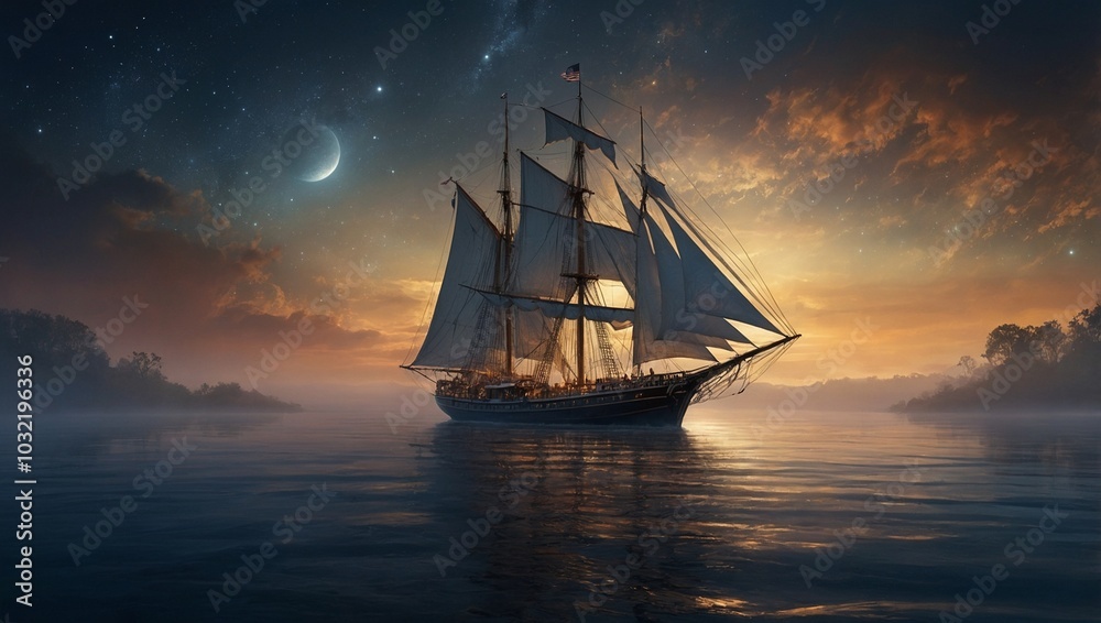 Fototapeta premium sailing ship at sunset