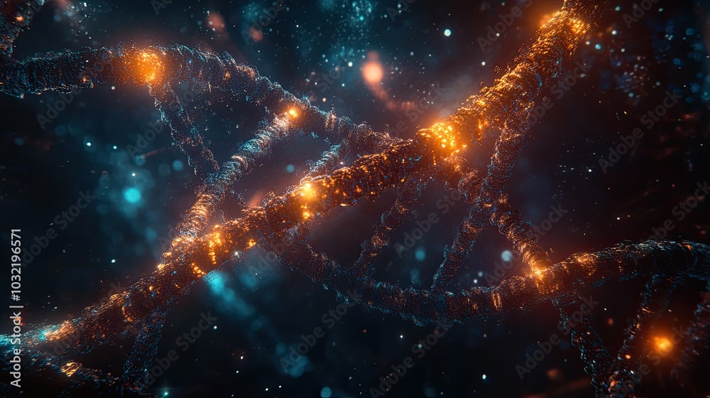 A radiant double helix shines in a cybernetic world, blending elements of science and technology in a stunning visual representation of DNA. A radiant double helix shines in a cybernetic world, blending elements of science and technology in a stunning visual representation of DNA.