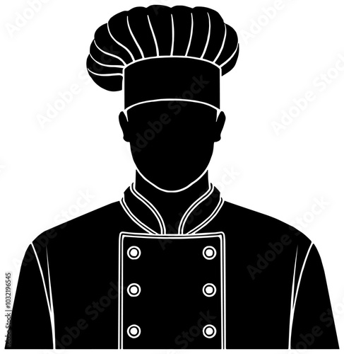 Silhouette of a chef with a chefs hat and clothing. Illustration in black