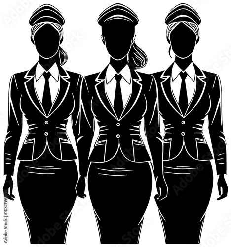 Silhouette illustration of a group of female flight attendants in uniform 