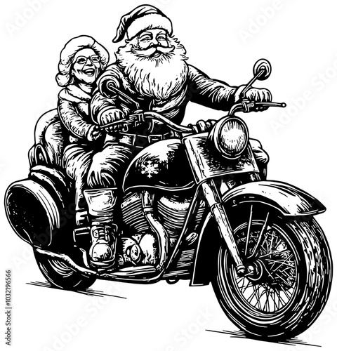 Illustration in black of Santa and Mrs Claus riding a motorcycle