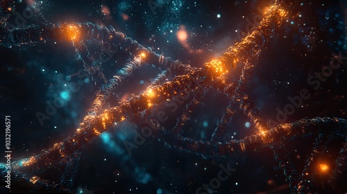 A radiant double helix shines in a cybernetic world, blending elements of science and technology in a stunning visual representation of DNA.