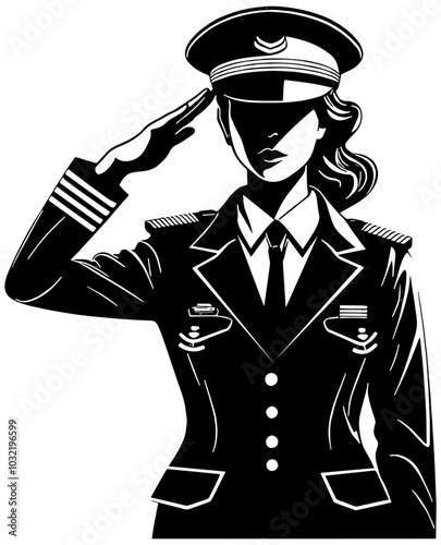 Woman in uniform giving a salute, illustration in black, isolated 