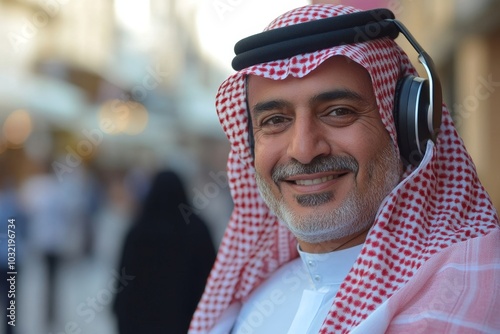 Cheerful middle eastern man listening to music with wireless headphones and singing, Generative AI