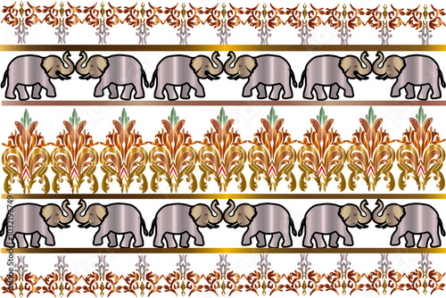 Fabric texture pattern with elephant shape and damask pattern. White background illustration, water, wallpaper border.