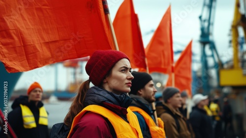 Workers united in a vibrant protest at a busy dock. Featuring bright banners urging for fair labor conditions. Highlighting their collective demand for justice. Ideal for advocacy content photo