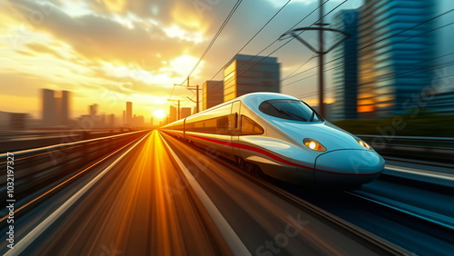 High-speed passenger train with blurred high-speed background travels in the city at sunset