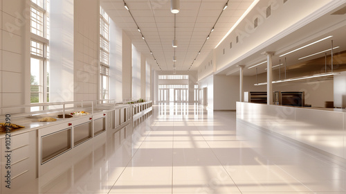 Modern school cafeteria with stainless steel serving counters and various food options