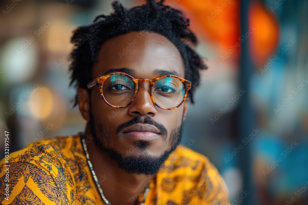 A young African American man wearing glasses and a yellow patterned shirt looks directly at the camera.