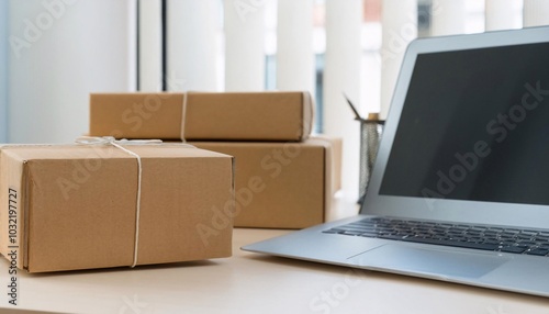 laptop at work of a small start-up, surrounded by cardboard parcel boxes , generative ai