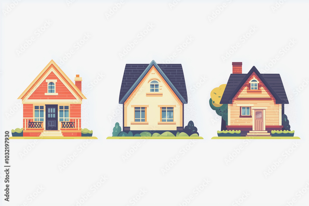 Three houses with different colors and designs. The houses are all different sizes and have different features. The first house is yellow, the second is white, and the third is blue Three houses with different colors and designs. The houses are all different sizes and have different features. The first house is yellow, the second is white, and the third is blue
