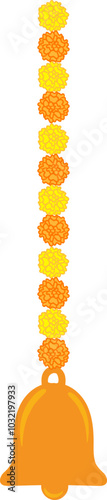 Hanging bells with marigold garland vector illustration for festival decoration on transparent background	