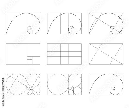 A set of golden ratio templates. Signs of Fibonacci sequence. Logarithmic spiral in a rectangular frame, divided into lines, squares and circles. Ideal symmetry proportions diagram.  Set of Vector Gra