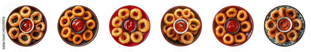 fried onion rings with dipping sauce on a plate isolated on a transparent or white background, top view, cut-out, PNG fried onion rings with dipping sauce on a plate isolated on a transparent or white background, top view, cut-out, PNG