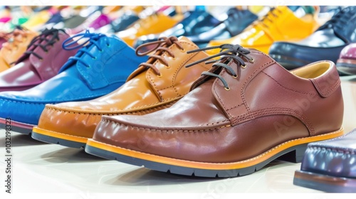 Close-up of a Brown Leather Shoe with a Row of Other Shoes in the Background photo