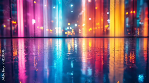 Vibrant Neon Reflections on Wet City Street at Night with Colorful Lights