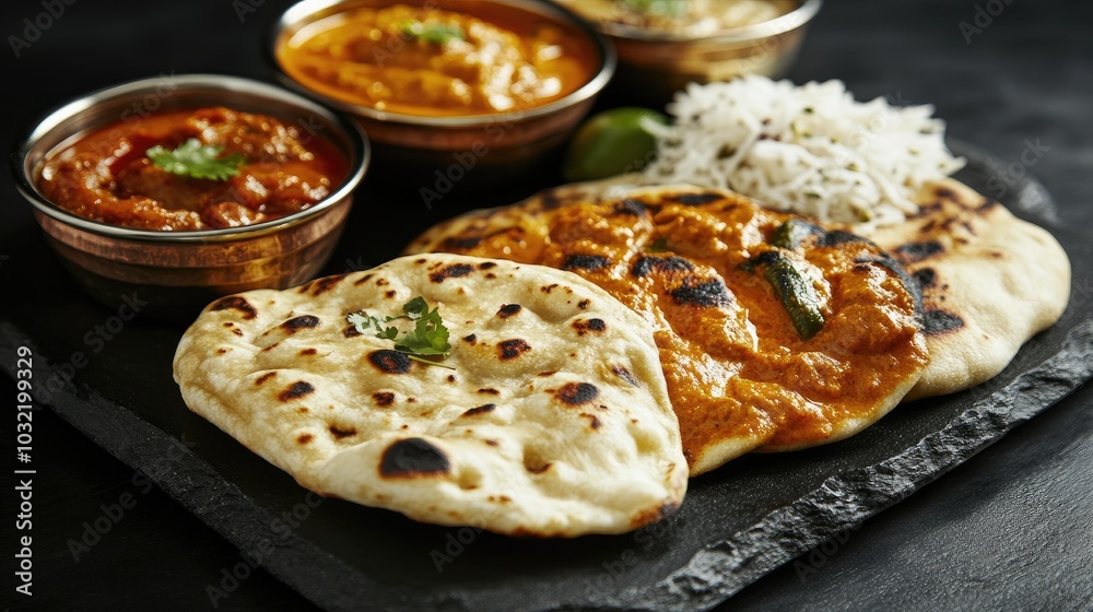 Freshly baked naan alongside rich Indian curries, served on a black stone background, capturing the beauty of traditional Indian cuisine. Freshly baked naan alongside rich Indian curries, served on a black stone background, capturing the beauty of traditional Indian cuisine.