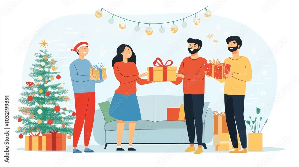 Fototapeta premium Friends exchanging gifts in a cozy living room, with a Christmas tree and festive decorations creating a warm holiday atmosphere.