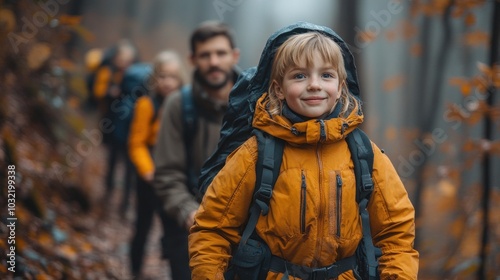 A young girl smiles brightly as she hikes through a forest with her family. They are all wearing bright orange jackets and backpacks.