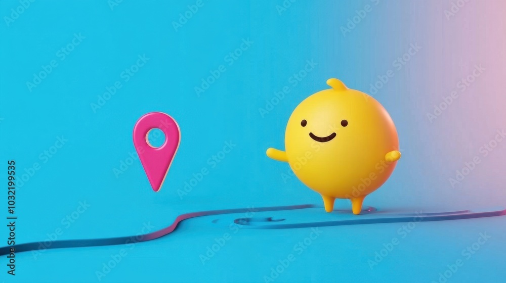 Smiling character holding a location pin, walking on a minimal path, symbolizing discovery and exploration.