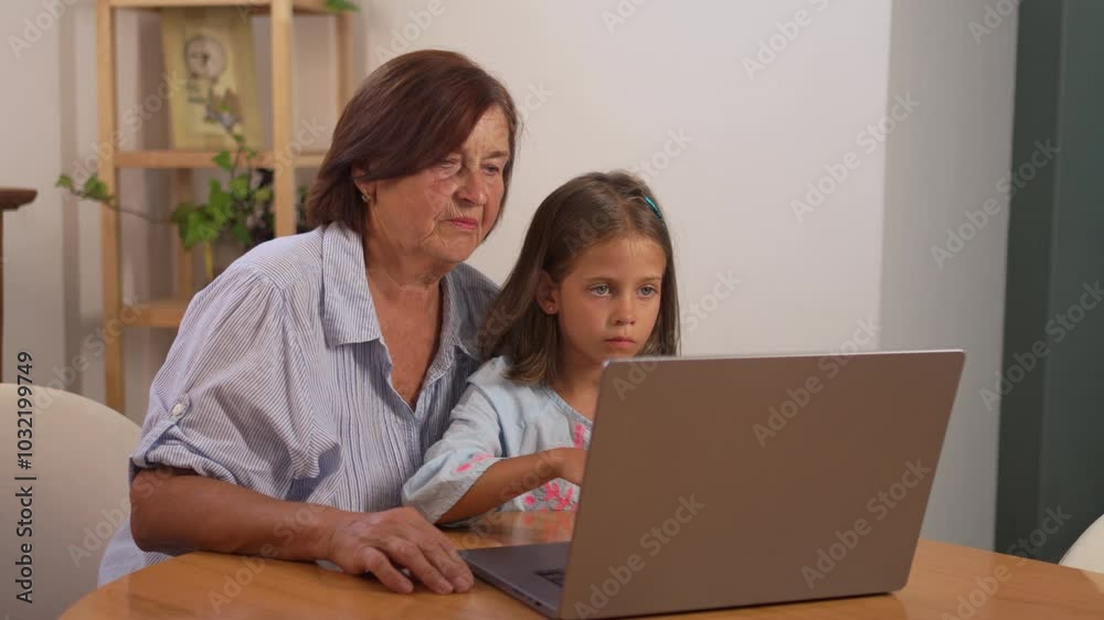Granddaughter and grandmother using laptop together on table at home. Loving senior woman talking to girl as they share and learn from the computer Granddaughter and grandmother using laptop together on table at home. Loving senior woman talking to girl as they share and learn from the computer