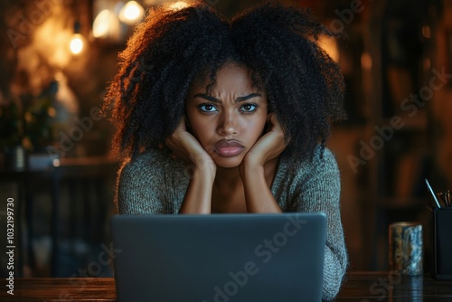 Tired frustrated black woman working in the office, sitting at the table and using a laptop computer, Generative AI