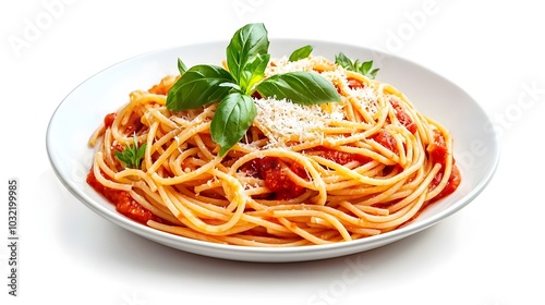 Delicious Spaghetti Pasta with Marinara Sauce Fresh Basil and Parmesan Cheese on White Background