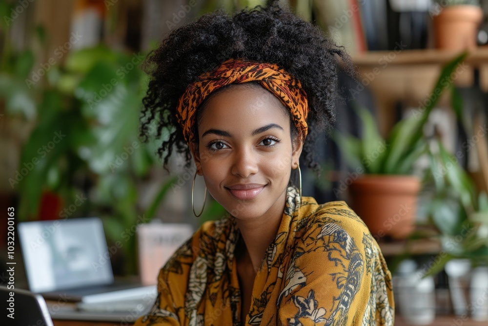Cheerful black female freelancer looking at camera and working from home sitting at work desk in front of laptop copy space, Generative AI Cheerful black female freelancer looking at camera and working from home sitting at work desk in front of laptop copy space, Generative AI
