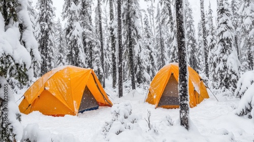 Snow-laden trees encircle a winter campsite as snow piles up, windproof tents enduring the harsh blizzard.