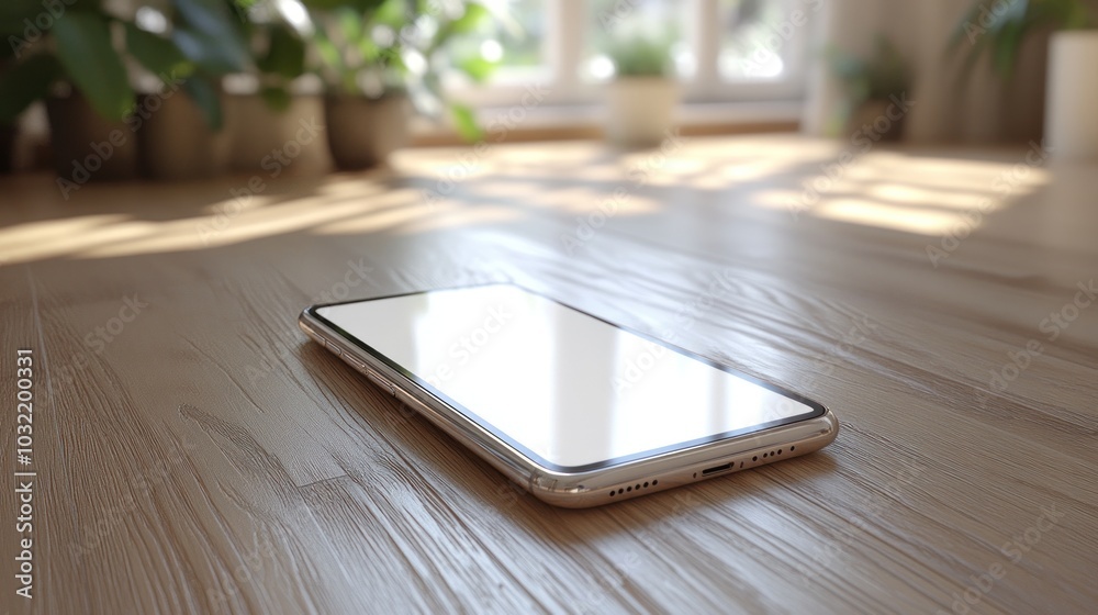 A modern smartphone lies on a wooden floor with a blurred background of plants and a window.
