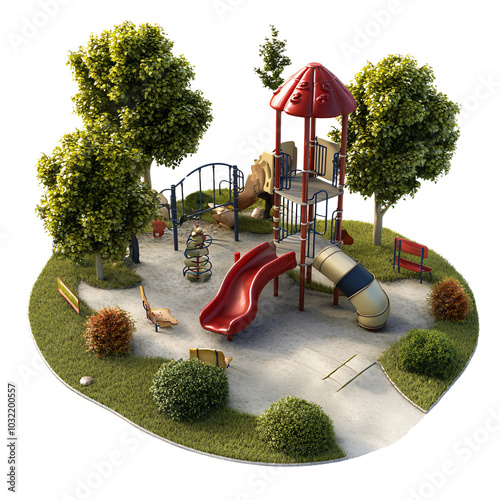 vibrant playground scene featuring colorful play structure with slides, climbing areas, and surrounding greenery. This inviting space is perfect for children to explore and enjoy outdoor activities