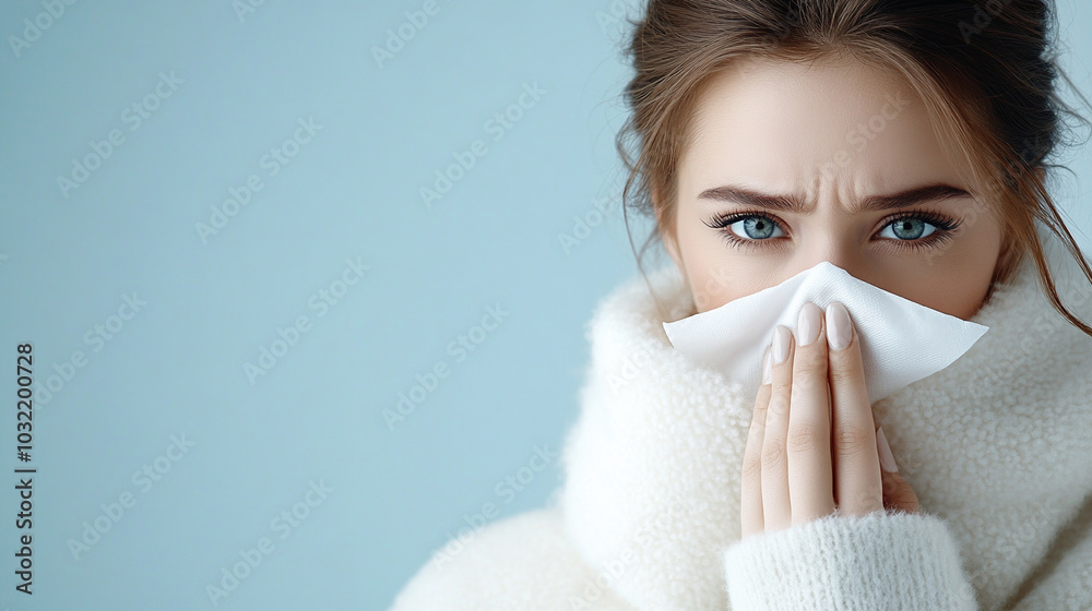 A woman sneezes into a handkerchief, showing symptoms of a cold or flu. A woman sneezes into a handkerchief, showing symptoms of a cold or flu.