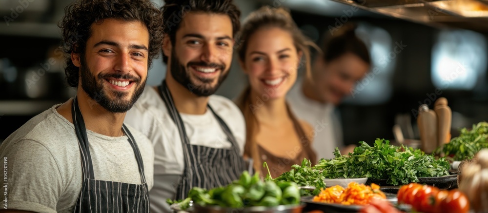 Three chefs smiling and posing in a kitchen with fresh produce in the foreground.