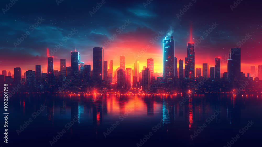 Fototapeta premium A sunset backdrop highlights a neon-filled futuristic city, with high-rise buildings and deep contrasting shadows, perfect for a cyberpunk aesthetic.