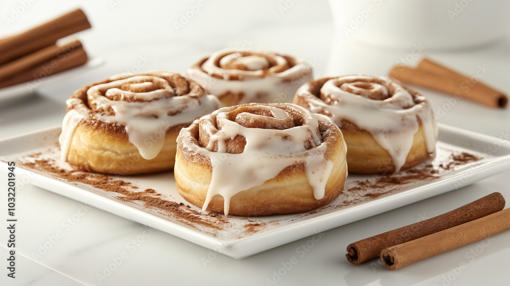 A cinnamon rolls with creamy icing on a pristine white plate A cinnamon rolls with creamy icing on a pristine white plate