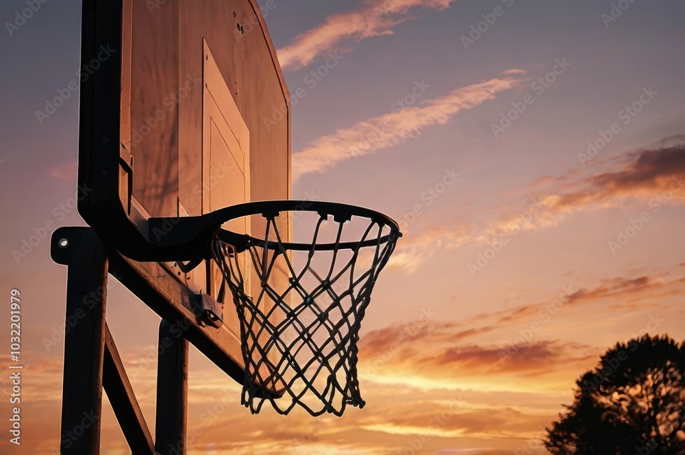 Silhouetted Basketball Hoop Against Dramatic Sunset Sky Silhouetted Basketball Hoop Against Dramatic Sunset Sky