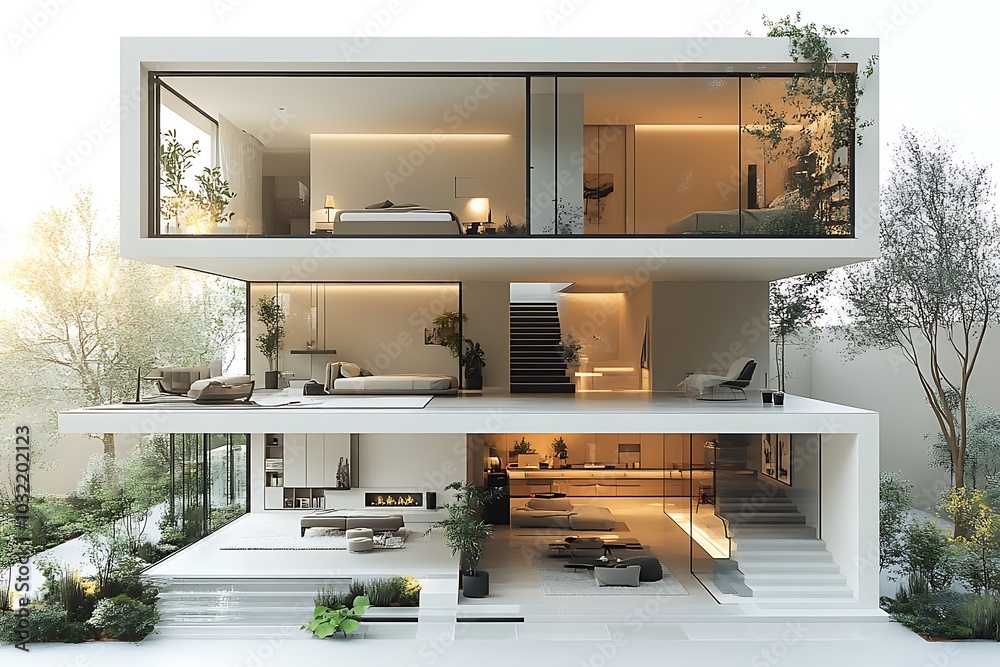 A modern, minimalist house with an open floor plan and large windows, surrounded by nature. A modern, minimalist house with an open floor plan and large windows, surrounded by nature.