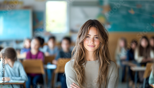 Teachers and students at school. Teachers and children studying and playing