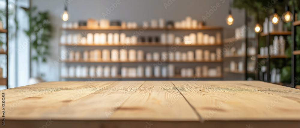 Wooden table in modern beauty store with blurred shelves of skincare products in background, perfect for product display and copy space. Wooden table in modern beauty store with blurred shelves of skincare products in background, perfect for product display and copy space.