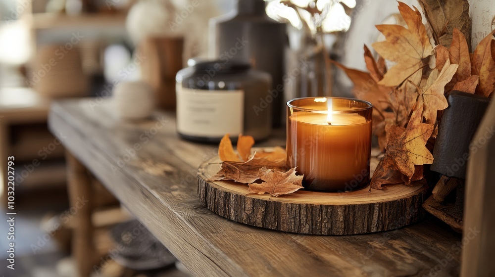 A warm candle, a cozy fall display with dried leaves, and wooden embellishments brings a little bit of fall into your house. A warm candle, a cozy fall display with dried leaves, and wooden embellishments brings a little bit of fall into your house.