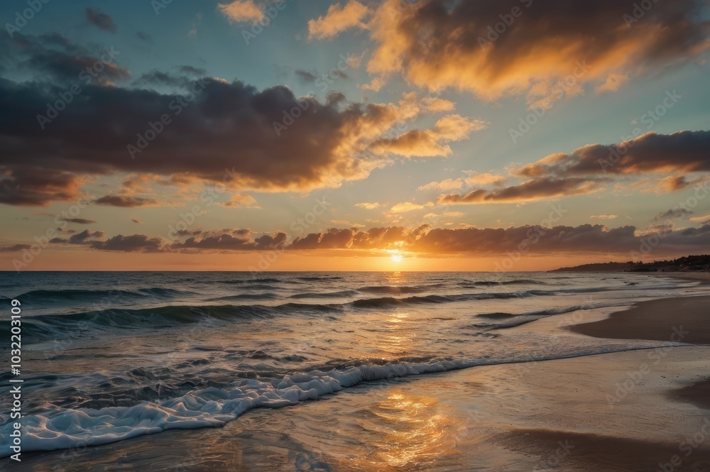 Obraz premium Serene Ocean Sunset with Vibrant Colors - Peaceful Waves and Dramatic Sky