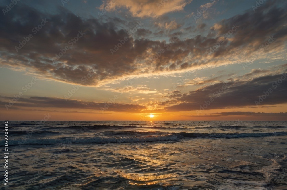 Obraz premium Serene Ocean Sunset with Vibrant Colors - Peaceful Waves and Dramatic Sky