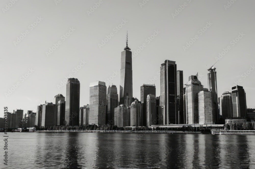 Fototapeta premium Monochrome City Skyline with Modern Skyscrapers - Sleek Black and White Urban Silhouette