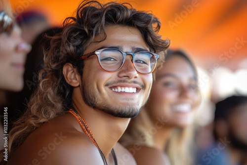A young man with long hair and glasses smiles at the camera. He is surrounded by other people, and the background is blurred.