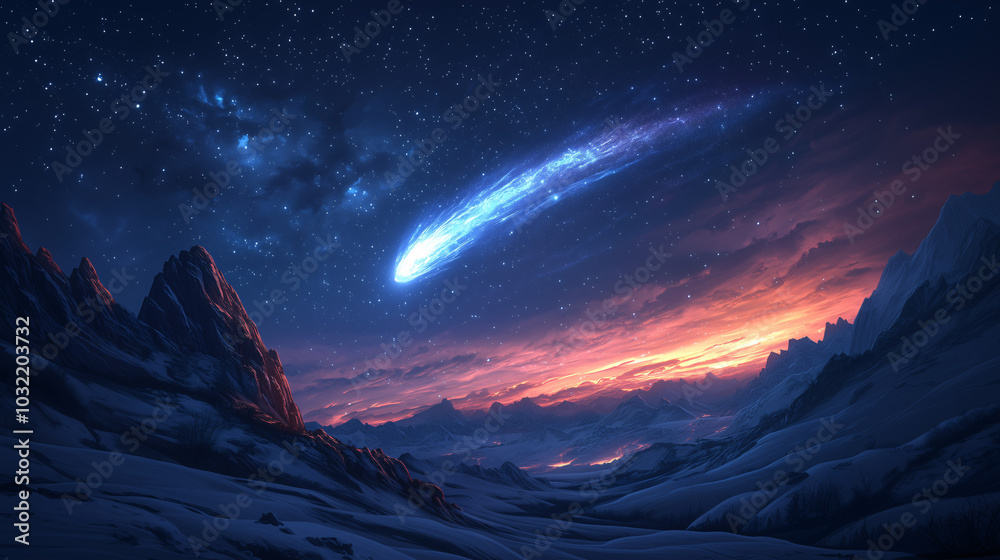 Majestic view of a starry night sky featuring a glowing comet streaking across the horizon above rugged mountain peaks. Majestic view of a starry night sky featuring a glowing comet streaking across the horizon above rugged mountain peaks.