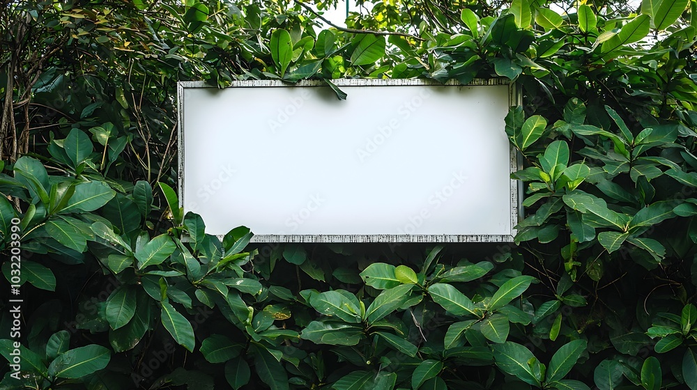 Vibrant Green Leaves Surround Blank Billboard Mockup for Eco-Friendly Advertising Vibrant Green Leaves Surround Blank Billboard Mockup for Eco-Friendly Advertising