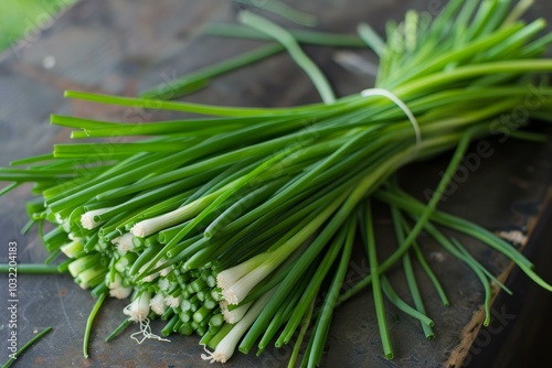 Bunch of fresh chives tied with string is lying on a rustic table photo